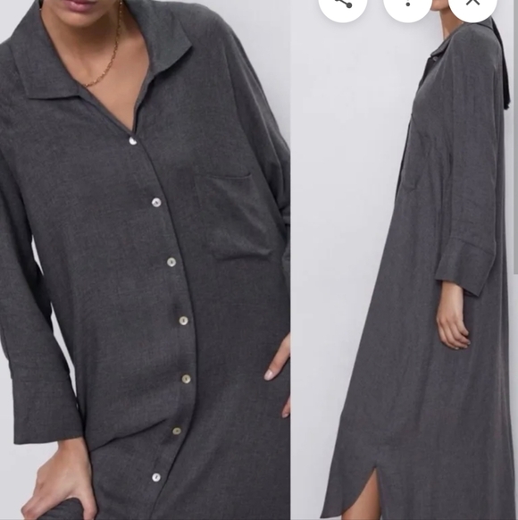 Zara Gray Long Button Down Shirt Dress - Picture 2 of 6